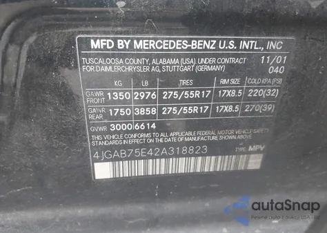 2002 Mercedes-Benz Ml 500 from USA, damaged, VIN 4JGAB75E42A318823